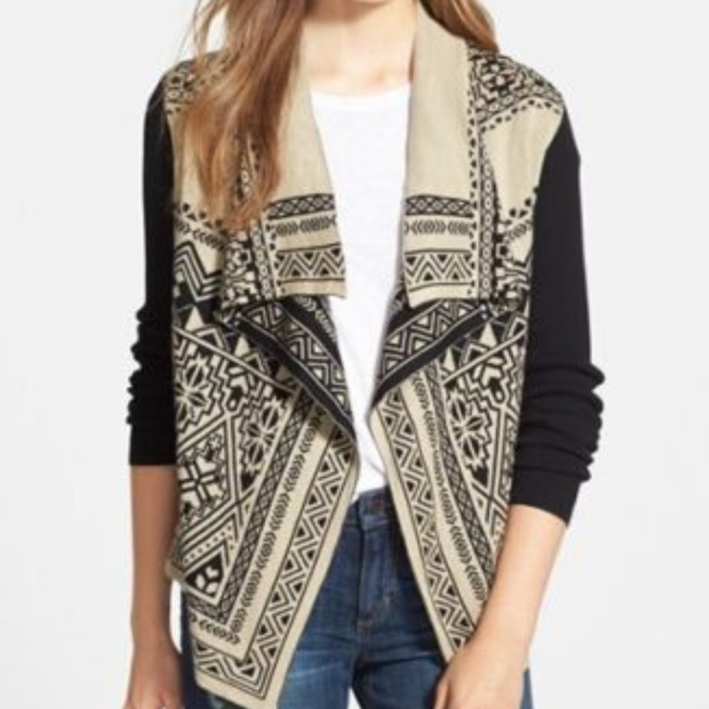 NWT Lucky Brand Women's Black / Beige Waterfall Wrap Cardigan Sweater